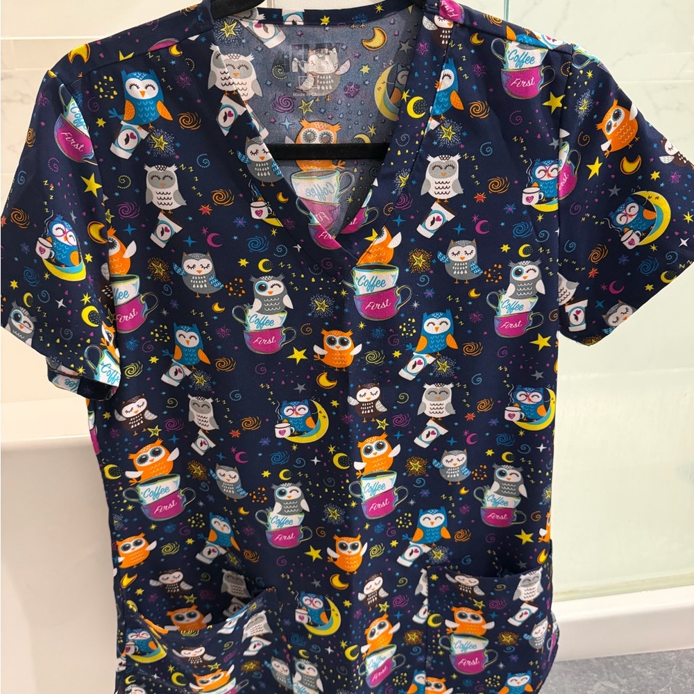 Navy Owl Print Medical Scrub Top with Colorful Accents